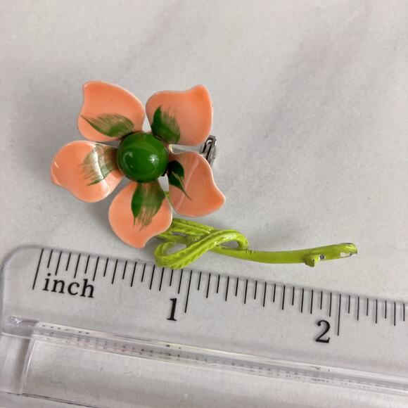 Vintage Enamel Flower Brooch, Orange Green, Mid Century 40s 50s 60s - Picture 6 of 7